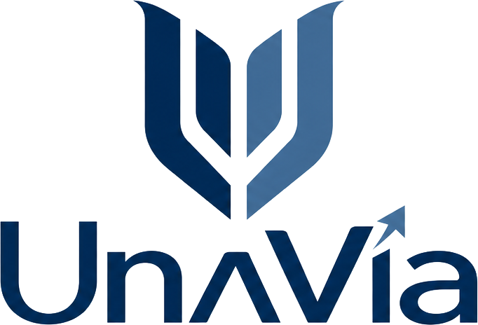 UnaVia-logo in diepblauw en staalblauw met pijl